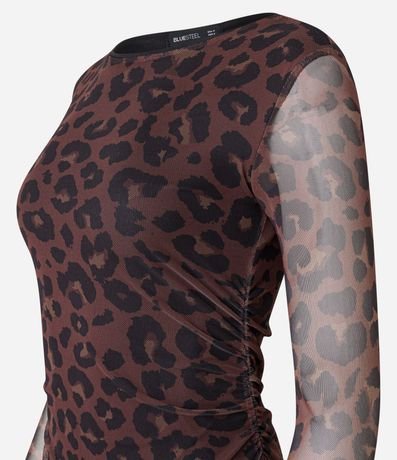 Vestido Long Midi en Tule con Estampa de Animal Print Leopardo y Mangas Transparentes 7