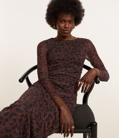 Vestido Long Midi en Tule con Estampa de Animal Print Leopardo y Mangas Transparentes
