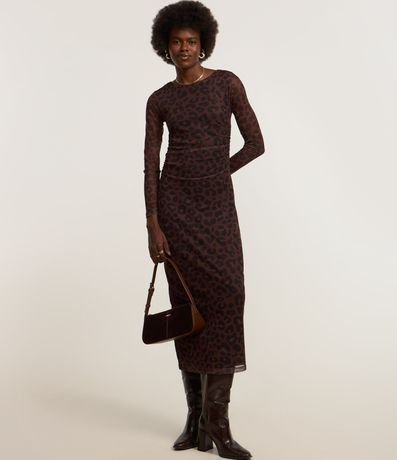 Vestido Long Midi en Tule con Estampa de Animal Print Leopardo y Mangas Transparentes 2