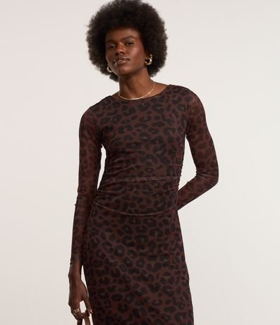 Vestido Long Midi en Tule con Estampa de Animal Print Leopardo y Mangas Transparentes 3