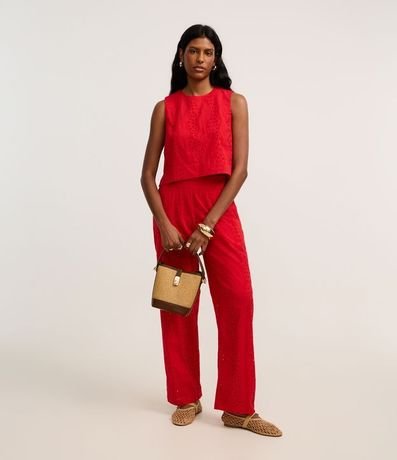 Pantalón Recto Cintura Alta en Laise con Textura Vazada