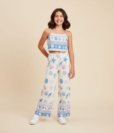 Pantalón Infantil Wide LEg en Viscolino con Estampa de Caracolas - Talle 5 a 14 años