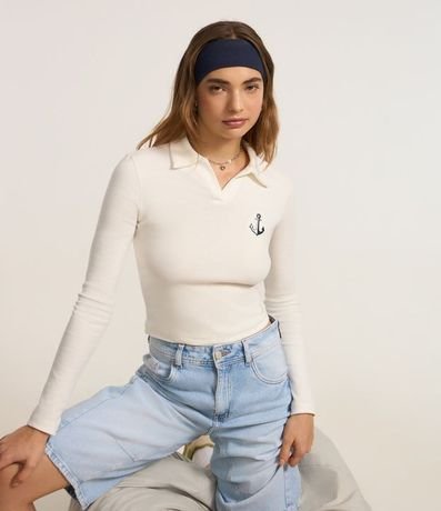 Blusa en Algodón con Cuello Polo y Bordado de Ancora