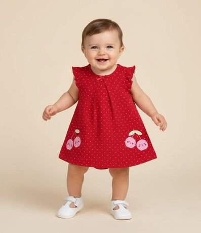 Vestido Body Infantil con Estampa de Lunares y Bordado de Cereza con Caritas - Talle 0 a 18 meses