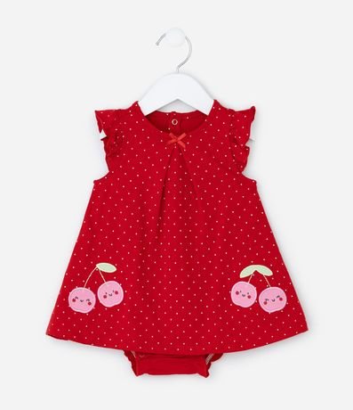 Vestido Body Infantil con Estampa de Lunares y Bordado de Cereza con Caritas - Talle 0 a 18 meses