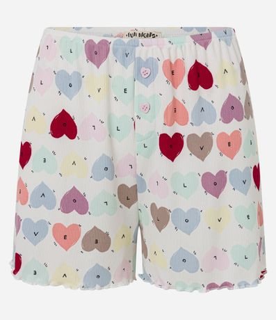 Short de Pijama en Rib con Estampa de Corazones y Bajo Frufru
