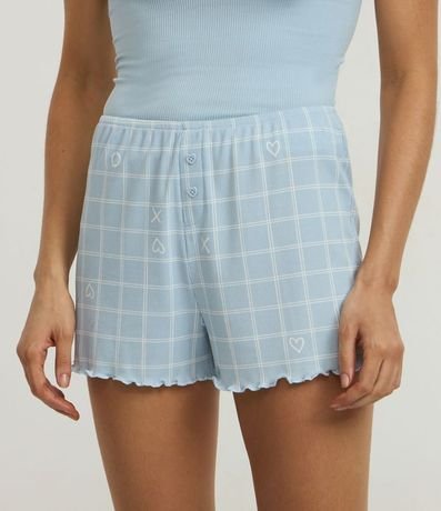 Short de Pijama en Rib con Estampa de Cuadros y Bajo Frufru