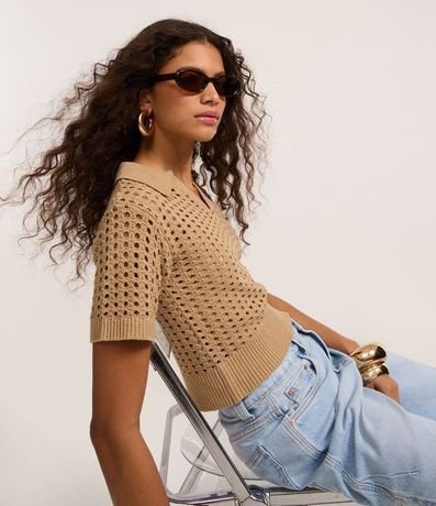 Blusa en Punto con Punto Cutout y Cuello Polo