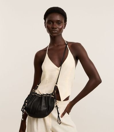 Cartera Bucket Pequena Cierre de Saco con Detalles en Metal Boho Romántico