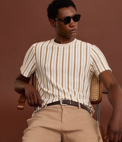 Remera en Punto con Estampa de Rayas y Texturizada