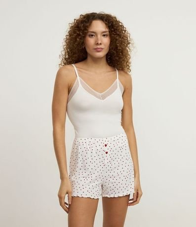 Short de Pijama en Rib con Estampa de Mini Corazones y Bajo Frufru