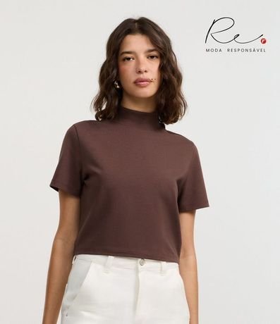 Blusa T-Shirt Cropped en Algodón con Cuello Alto
