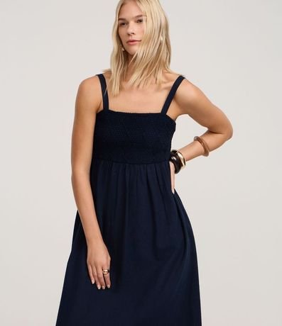 Vestido Evasê Midi en Viscolino con Busto con Efecto Ganchillo