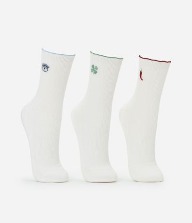 Kit 03 Media Caña Larga en Algodón con Frufru y Bordado de Amuletos