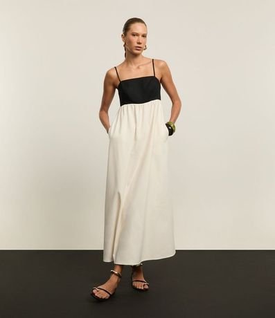 Vestido Hi-Lo Bicolor Evasê Midi en Viscolino con Bretel Fino