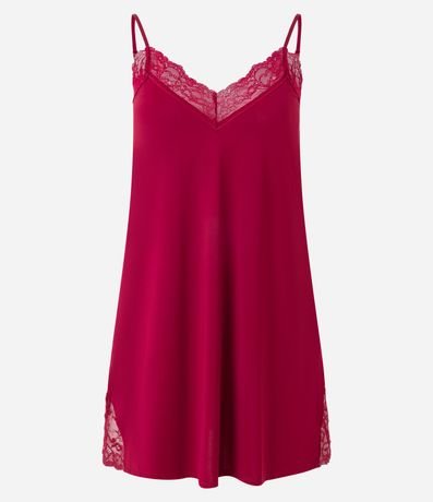 Camisón en Microfibra con Bretel Fino y Encaje en el Escote