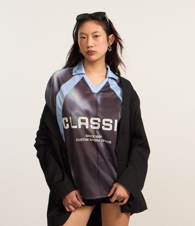 Remera Oversized en Algodón Deportiva con Cuello Polo y Lettering Classic