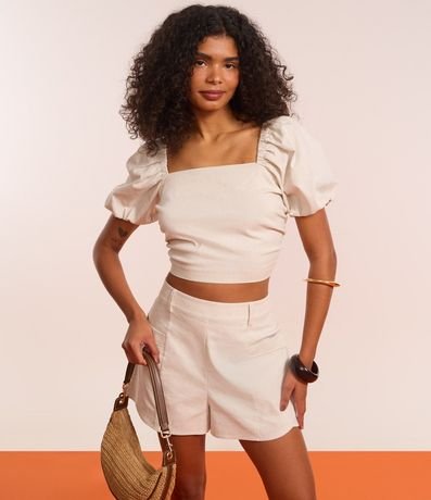 Blusa Corta en Bengalina con Escote Recto y Manga Abullonada 4