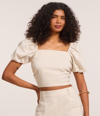 Blusa Corta en Bengalina con Escote Recto y Manga Abullonada
