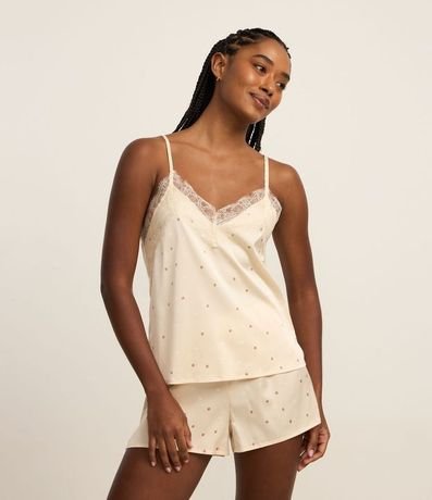 Pijama Short Doll en Satén de Lunares con Detalle de Encaje