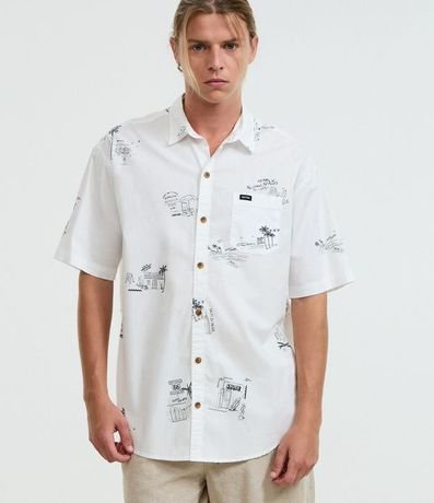 Camisa Relaxed en Tricolina con Estampa Minimalistas de Palmeras e Islas