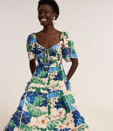 Vestido Largo Evasê con Lazo en el Escote y Estampa Floral