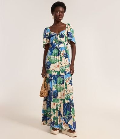 Vestido Largo Evasê con Lazo en el Escote y Estampa Floral 2