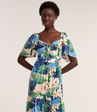 Vestido Largo Evasê con Lazo en el Escote y Estampa Floral 3