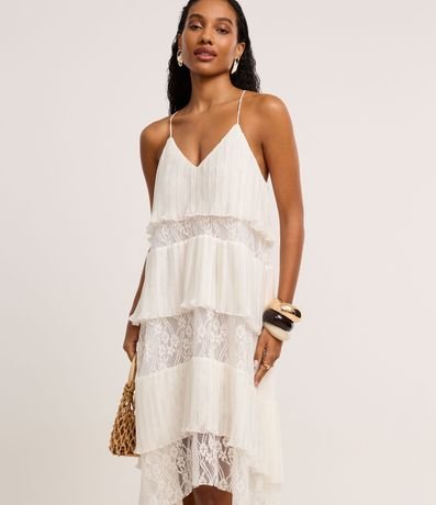 Vestido Evasê Midi en Chiffon con Superposición y Encaje Floral