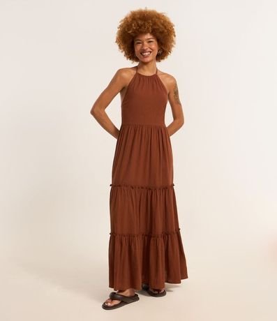 Vestido Long Midi Frente único en Crepé con Volados en la Pollera