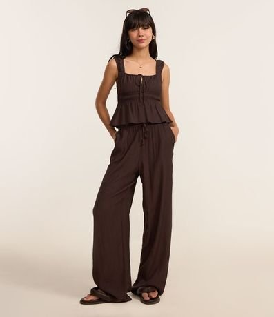 Pantalón Recto en Viscosa Texturizada con Lazo en la Cintura