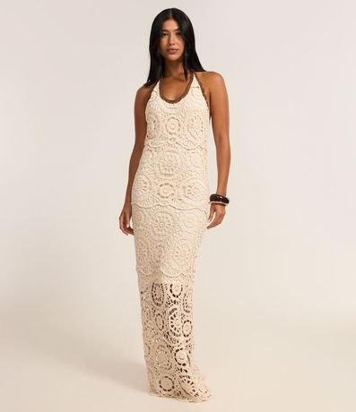 Vestido Long Midi Frente Única en Punto con Efecto Ganchillo