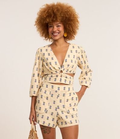 Short en Viscolino con Cintura Alta Estampa de Abacaxi 2