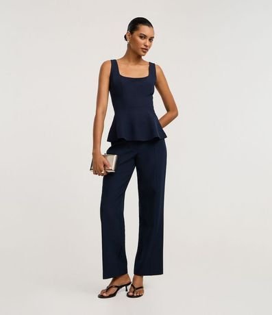 Pantalón Recto Sastre Cintura Alta con Bolsillos Falsos y Frisos