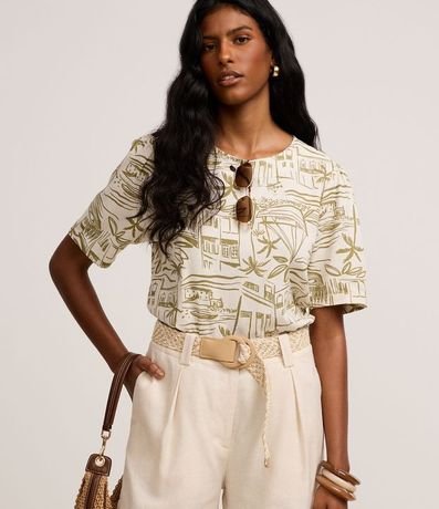 Blusa en Viscolino con Estampa Pueblo de Playa