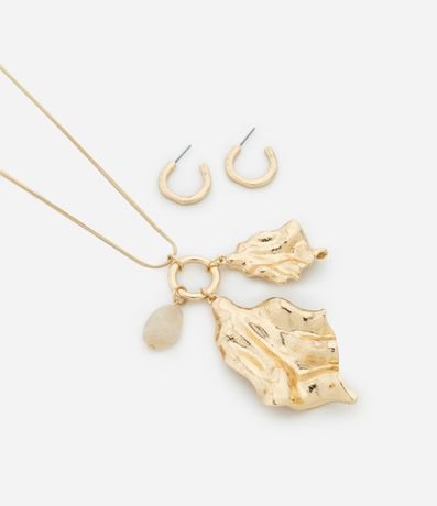 Conjunto de Collar Largo con Colgante de Hojas y Caravana Aro