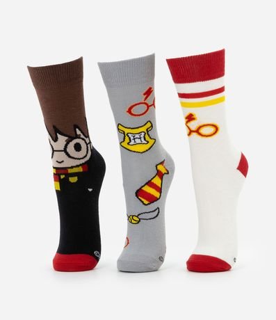 Kit 03 Medias Caña Larga en Algodón con Estampa Harry Potter