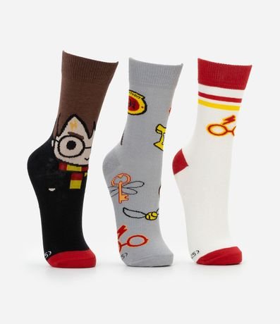 Kit 03 Medias Caña Larga en Algodón con Estampa Harry Potter 2