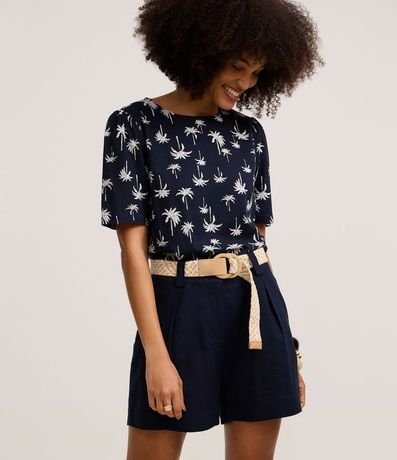 Short Recto Cintura Alta en Viscolino con Cinturón de Rafia