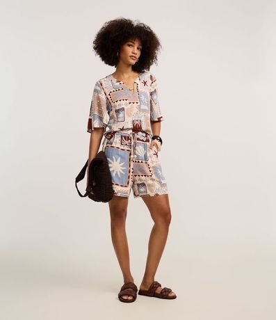 Blusa en Viscosa con Abalorio en el Escote y Estampa Palmeras 2