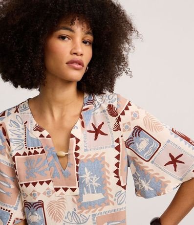 Blusa en Viscosa con Abalorio en el Escote y Estampa Palmeras 3