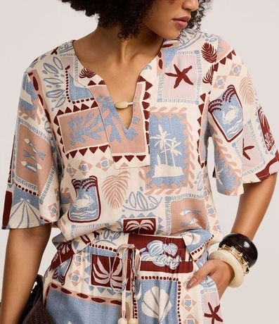 Blusa en Viscosa con Abalorio en el Escote y Estampa Palmeras 4