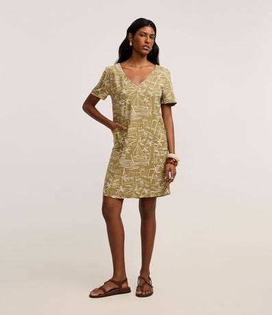 Vestido T-Shirt en Viscolino con Estampa Paisaje Tropical