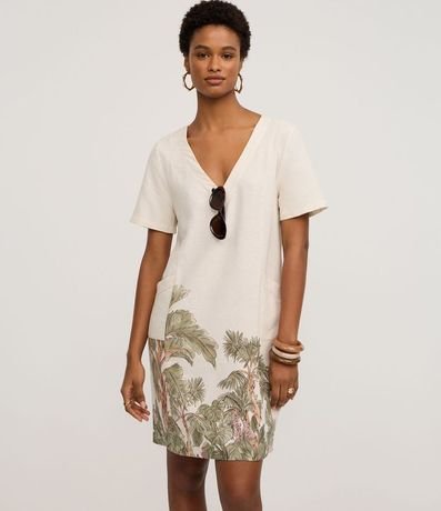 Vestido T-Shirt en Viscolino con Estampado de Follaje