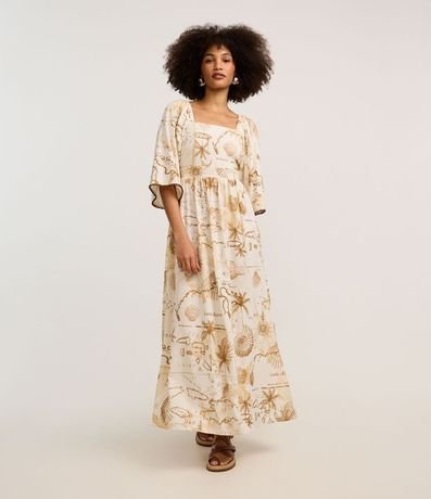 Vestido Evasê Midi en Viscolino con Estampa Mapa