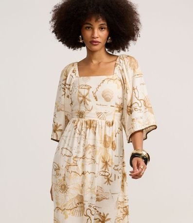 Vestido Evasê Midi en Viscolino con Estampa Mapa 3