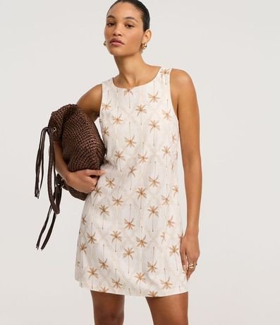 Vestido Corto en Viscolino con Estampa Palmeras y Hojas