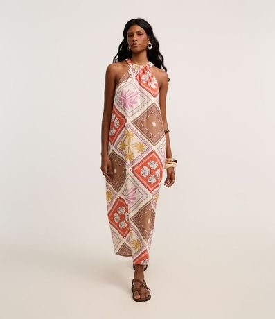 Vestido Evasê Midi en Viscolino con Estampa Tropical