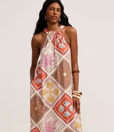 Vestido Evasê Midi en Viscolino con Estampa Tropical 2