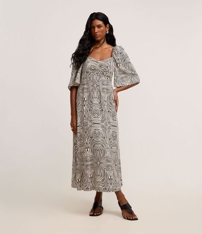 Vestido Midi en Viscolino con Manga Godê y Estampado Geométrico